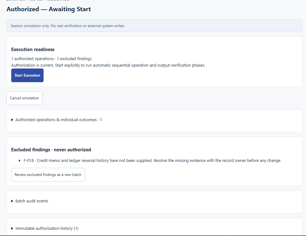 Exact-scope authorization completed while simulated execution still awaits an explicit start.