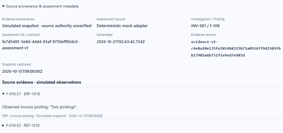 Expanded F-018-E1 simulated ERP snapshot reporting two postings, with unverified source authority, deterministic mock assessment provenance, and evidence-version metadata.